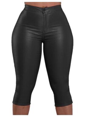 Faux Leather Capri Pants High Waisted Crop Leggings with Pockets